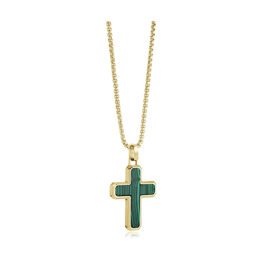 Collier Croix Malachite Acier Inoxydable
